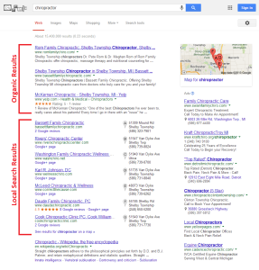 Example of difference between organic search results and local search results in Google.